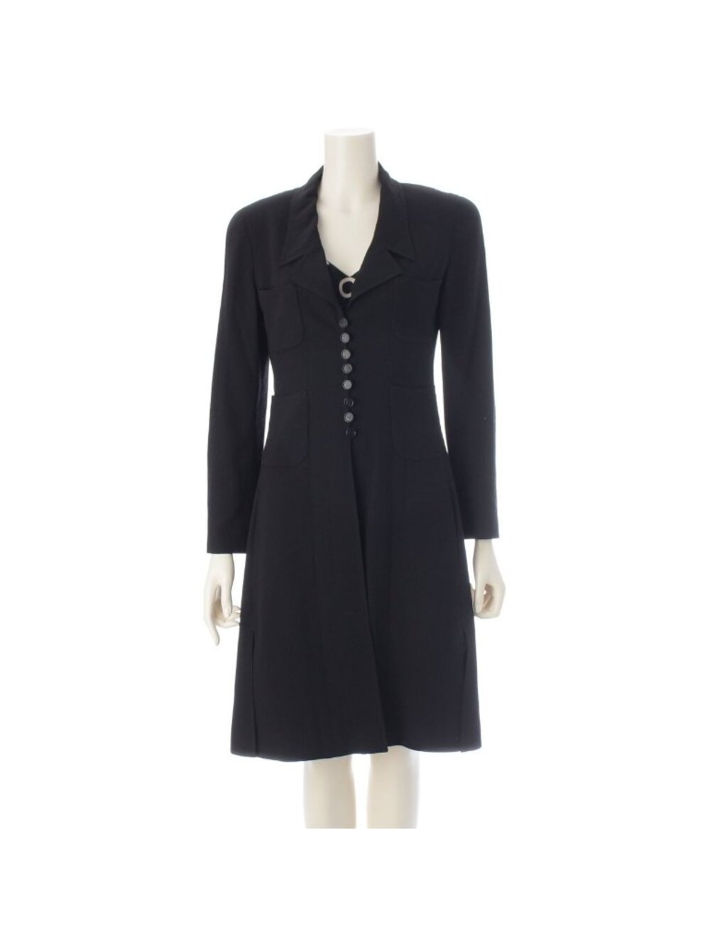 Chanel Wool Silk CC Logo All Dress Set Long Coat Camisole Top Black White 36